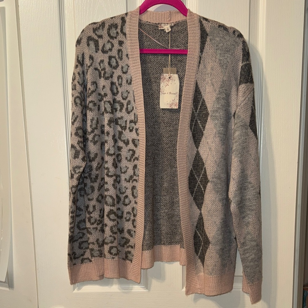 Hem & Thread Pink and Gray Leopard Argyle Cardigan